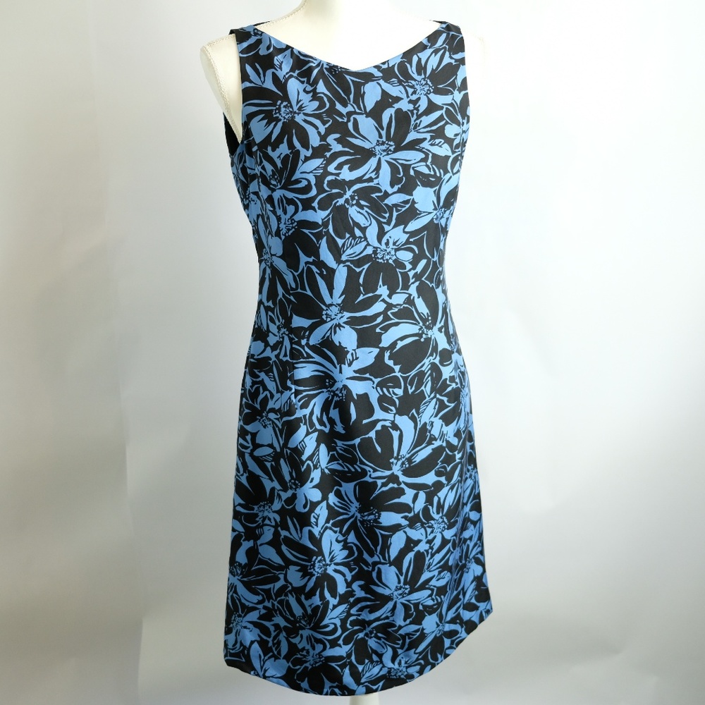 Ann Taylor Silk Blue Black Floral Shift Dress Sz 2